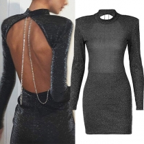 Fashion Solid Color Mock Neck Chain Backless Long Sleeve Bodycon Dress