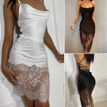 Sexy Lace Spliced Cross-Criss Backless Bodycon Slip Party Dress