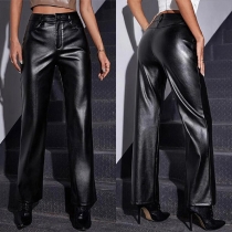 Fashion Black Artificial Leather Wide-leg Pants