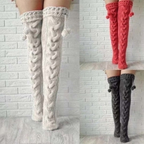 Fashion Solid Color Thick Knitted Pile Socks with Pom-pom Tassel