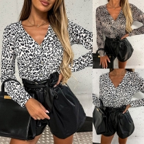 Fashion Leopard Printed V-neck Long Sleeve Shirt