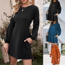 Casual Solid Color Round Neck Long Sleeve Ribbed Knitted Dress
