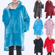Fashion Solid Color Long Sleeve Hooded Front-pocket Faux Lamb Wool TV Blanket Hoodie