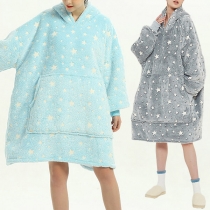 Fashion Luminous Star Printed Hooded Front Pocket Lamb Fleece Spliced Flannel Wearable Blanket Huggle Hoodie for Women