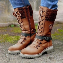 Chunky Heel Buckle High Cotton Boots Front Lace-Up Snow Boots