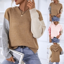 Fashion Contrast Color Long Sleeve Round Neck Knitted Hoodie Sweater