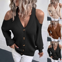 Fashion Solid Color Open Shoulder Long Sleeve V-neck Cardigan