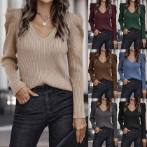 Fashion Solid Color Puff Long Sleeve V-neck Ribbed Knitted Sweater