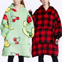 Fashion Cherry/Plaid Printed Hooded Front Pocket Lamb Fleece Spliced Flannel Wearable Blanket Huggle Hoodie for Children