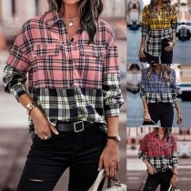 Fashion Contrast Color Checkered Blouse