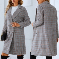 Elegant Checkered Notch Lapel Long Sleeve Double Breasted Longline Jacket