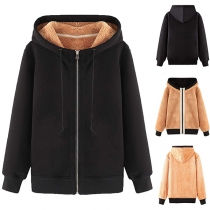 Fashion Plushed Lined Drawstring Hooded Jacket