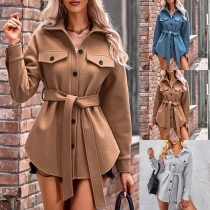 Fashion Solid Color Stand Collar Long Sleeve Buttoned Self-tie Duffle Jacket