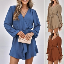 Casual Solid Color V-neck Long Sleeve Self-tie Romper