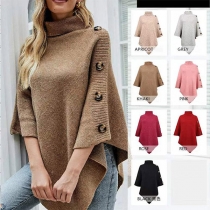 Fashion Solid Color Turtleneck Buttoned Irregular Hemline Knitted Cape