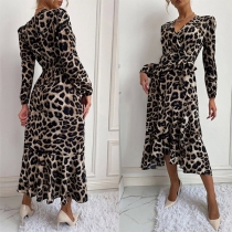 Fashion Leopard Printed V-neck Long Sleeve Self-tie Irregular Hemline Dress