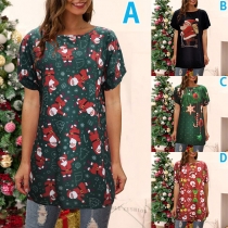 Casual Snowman Printed Round Neck Short Sleeve Shirt for Christmas