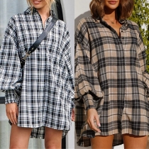 Casual Checkered V-neck Long Sleeve Loose Blouse