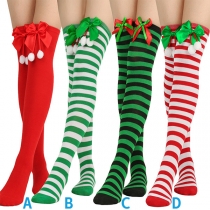 Fashion Stripe Printed Bowknot Pom-pom Christmas Knee socks 2 Pair/Set