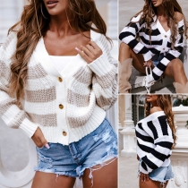 Fashion Stripe Long Neck V-neck Knitted Cardigan