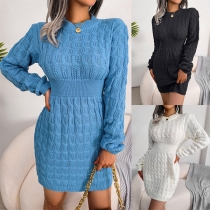 Fashion Solid Color Round Neck Long Sleeve Bodycon Knitted Dress