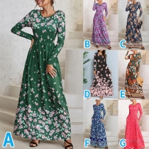 Fashion Floral Printed Round Neck Long Sleeve Maxi Dress