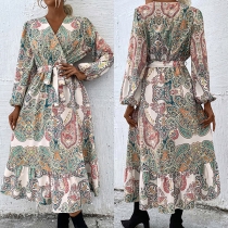 Vintage Floral Printed V-neck Long Sleeve Self-tie Midi-dress