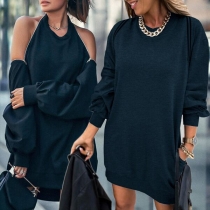 Fashion Solid Color Long Sleeve Zipper Open-shoulder Backless Halter Sweatshirt Dress