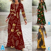 Fashion Round Neck Long Sleeve Printed Chritams Dress
