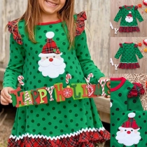 Fashion Dot Santa Claus Plaid Printed Long Sleeve Christmas Dress for Girls