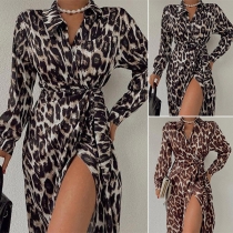 Fashion Leopard Printed Stand Collar Long Sleeve Slit Dress