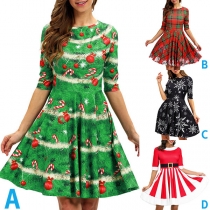 Fashion Round Neck Elbow Sleeve Printed Christmas Dress