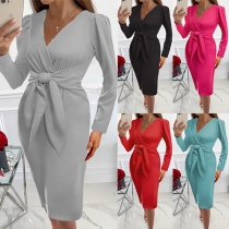 Sexy Solid Color Long Sleeve V-neck Self-tie Bodycon Dress