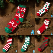 Cute Warm Contrast Color Printed Plush Socks for Christmas-2 Pairs/Set