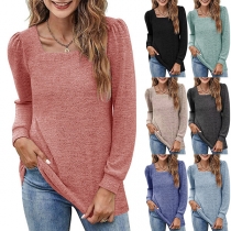 Fashion Solid Color Square Neck Long Sleeve Shirt