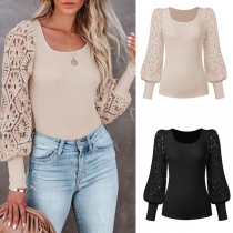 Fashion Lace Spliced Long Sleeve Round Neck Shirt