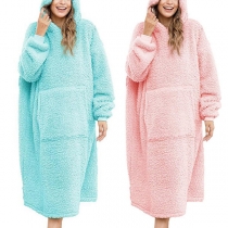 Fashion Solid Color Kangaroo Pocket Plush Hoodie Sherpa TV Blanket Oversized Hoodied