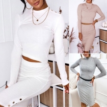 Fashion Solid Color Two-piece Set Consist of Mock Neck Crop Top and Slim Fit Skirt