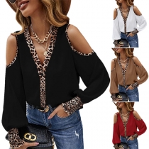 Fashion Leopard Printed Spliced Long Sleeve Open-shoulder V-neck Shirt