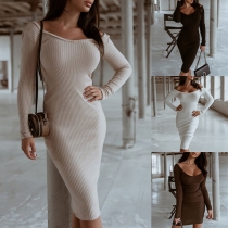 Fashion Solid Color V-neck Long Sleeve Ribbed Bodycon Dress