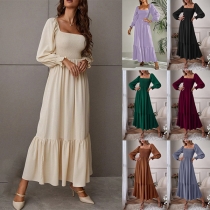 Fashion Solid Color Long Sleeve Square Neck Ruffled Maxi Dress