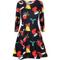 Fashion Long Sleeve Round Neck Printed Christmas Dress