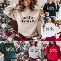 Casual Round Neck Long Sleeve Hello Christmas Printed Shirt