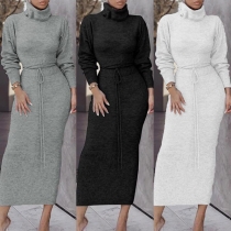 Elegant Solid Color Turtleneck Long Sleeve Drawstring Bodycon Knitted Midi Dress