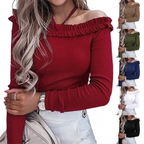 Fashion Solid Color Ruffled Off-the-shoulder Halter Knitted Shirt