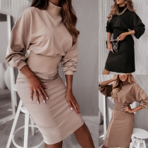 Fashion Solid Color Mock Neck Lantern Sleeve Bodycon Dress