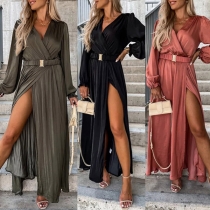 Sexy Solid Color V-neck Long Sleeve Slit Maxi Dress with Belt