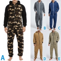 Fashion Warm Plush Printed Hoodie Pajamas Jumpsuit for Men