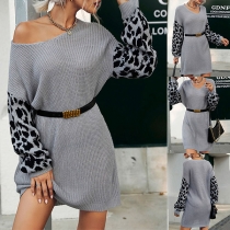 Fashion Leopard Printed Spliced Knitted Sweater Dress