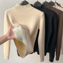Fashion Solid Color Mock Neck Long Sleeve Plush Lined Shirt